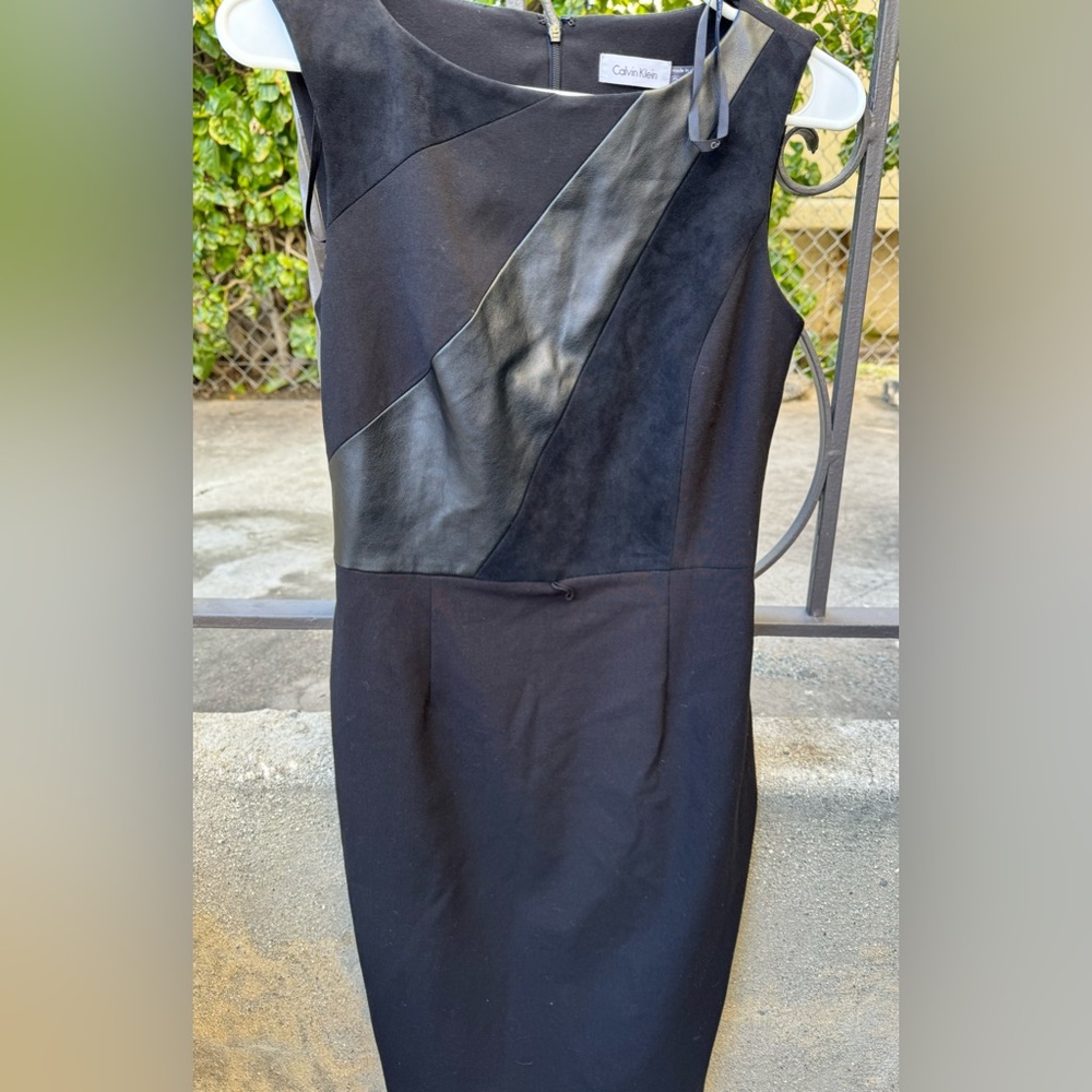 CALVIN KLEIN Sleeveless A-Line Black Dress With Faux Leather Suede